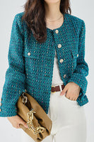 Laden Sie das Bild in den Galerie-Viewer, Dunkelblaue Tweed Offene Vorderseite Damen Jacke