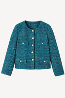 Laden Sie das Bild in den Galerie-Viewer, Dunkelblaue Tweed Offene Vorderseite Damen Jacke