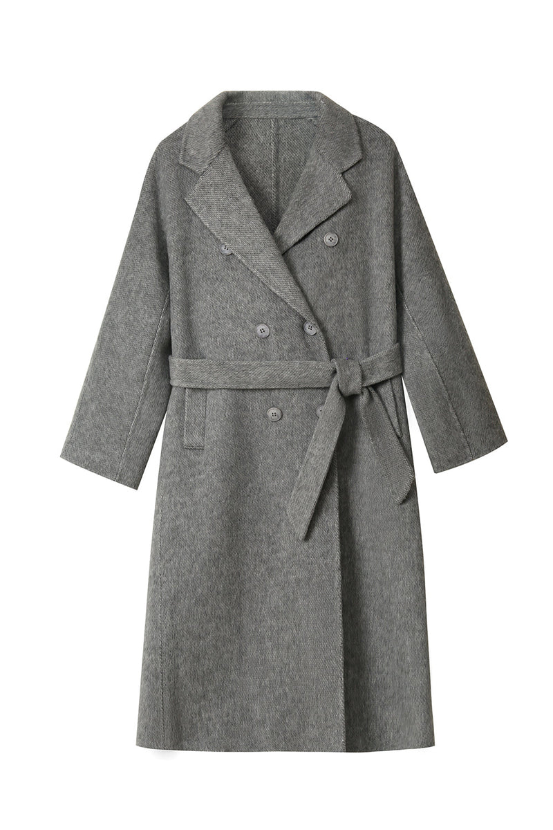 Laden Sie das Bild in den Galerie-Viewer, Grauer zweireihiger langer Mantel aus Wollmischung mit Gürtel