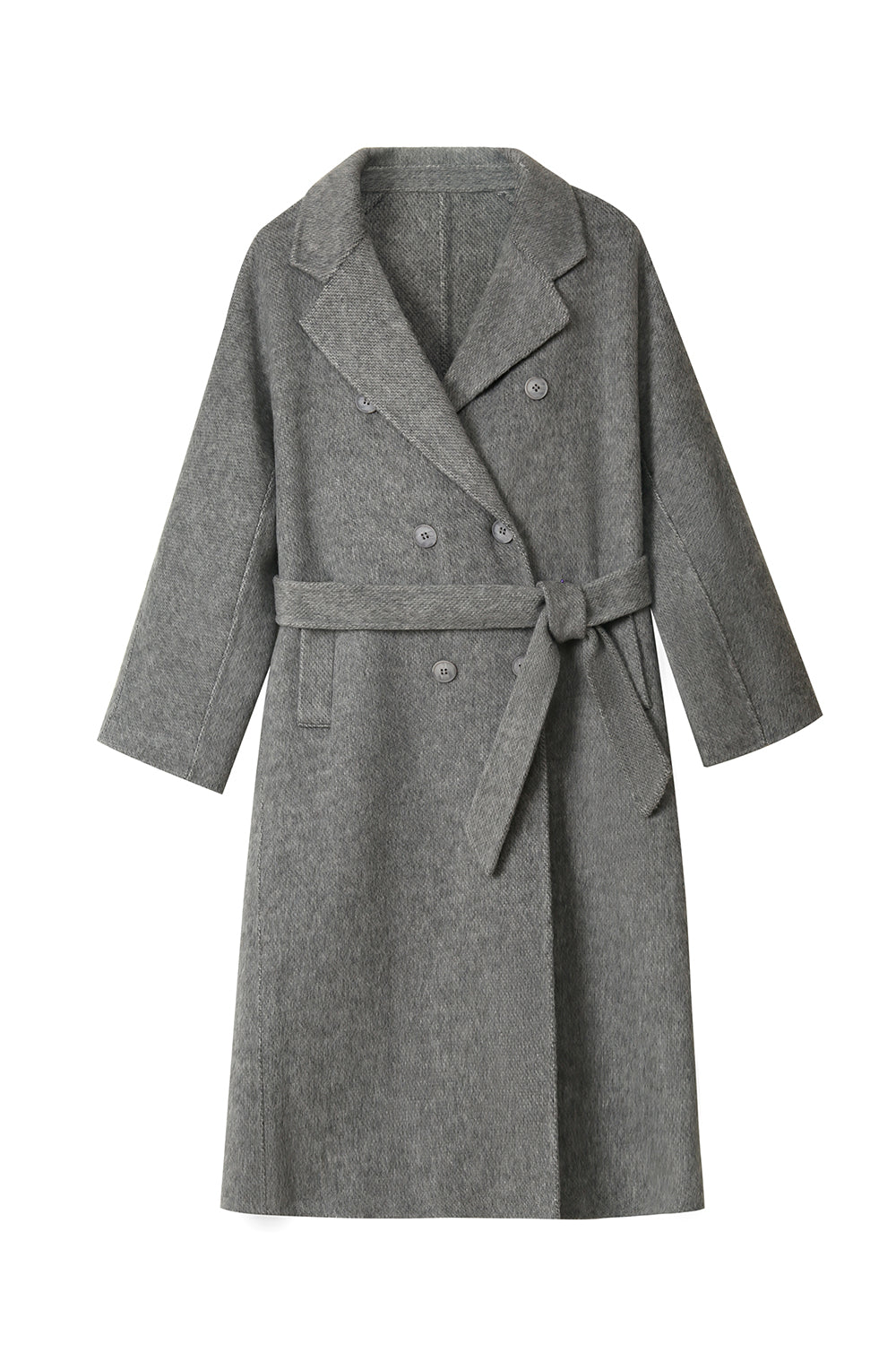 Grauer zweireihiger langer Mantel aus Wollmischung mit Gürtel