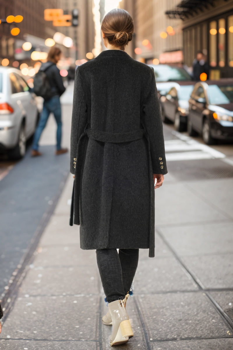 Laden Sie das Bild in den Galerie-Viewer, Schwarzer zweireihiger Slim-Fit-Mantel für lange Damen mit schwarzem Schirm Revers