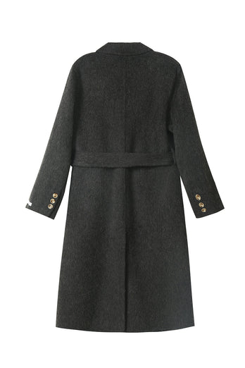 Schwarzer zweireihiger Slim-Fit-Mantel für lange Damen mit schwarzem Schirm Revers