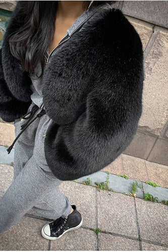 Schwarzer Schal Revers Kunstpelz Cropped Flauschiger Mantel