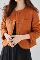Laden Sie das Bild in den Galerie-Viewer, Orange Tweed Schal Revers Knopf Croppped Damen Mantel