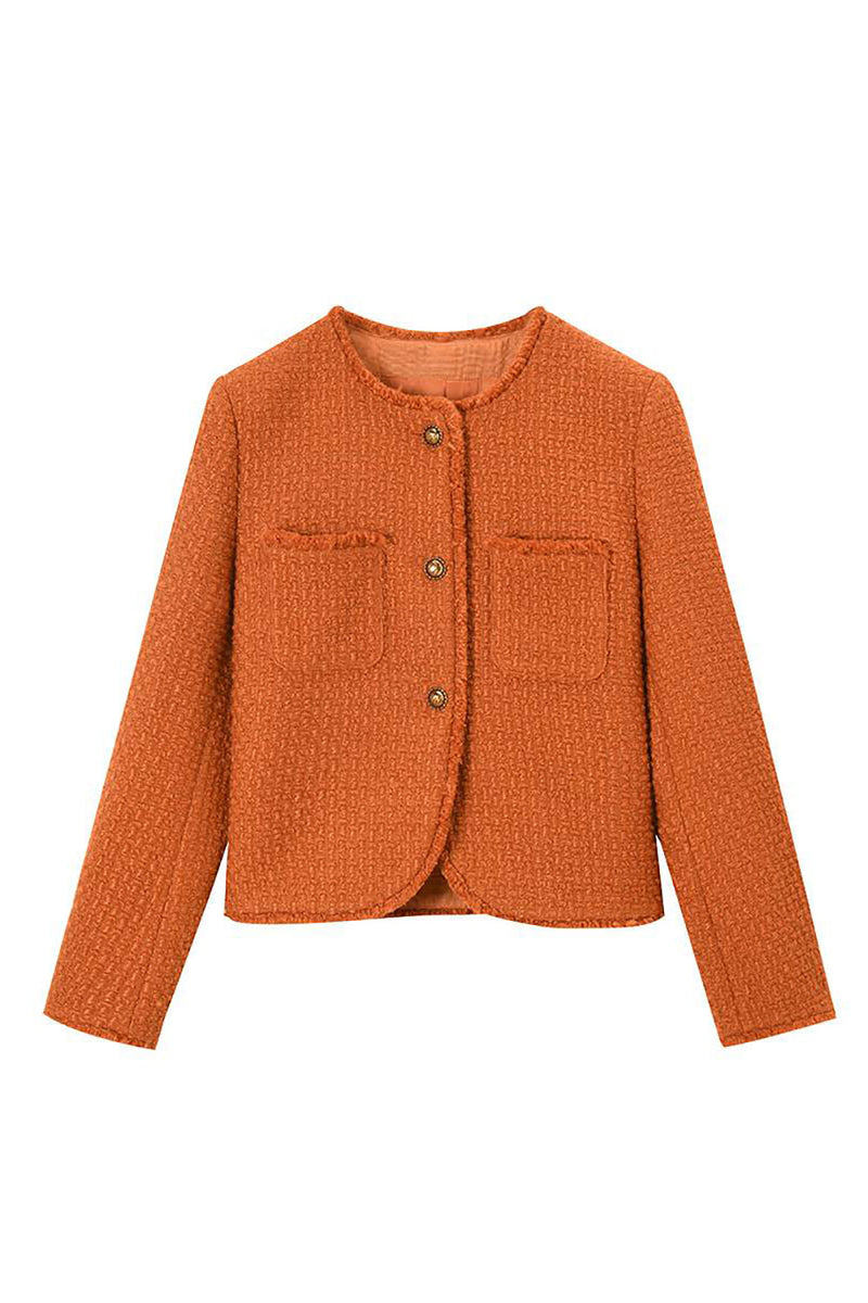 Laden Sie das Bild in den Galerie-Viewer, Orange Tweed Schal Revers Knopf Croppped Damen Mantel