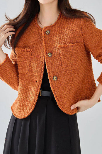 Orange Tweed Schal Revers Knopf Croppped Damen Mantel