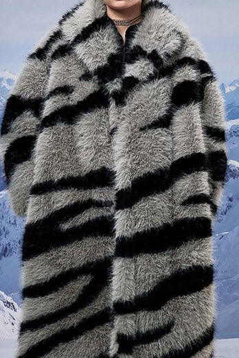 Dunkelgrauer Zebramuster-Imitations-Oversize-Mantel aus langem Kunstpelz-Lammfell