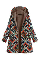 Laden Sie das Bild in den Galerie-Viewer, Marineblauer Fleece Kapuzen Weihnachtsmantel mit langen Ärmeln und bedrucktem Damenmantel