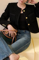 Laden Sie das Bild in den Galerie-Viewer, Schwarzer Tweed- Schal und Revers verkürzter Damenmantel