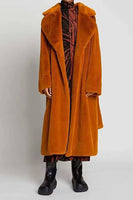 Laden Sie das Bild in den Galerie-Viewer, Khaki Kunstpelz Lammfell Mantel mit langer offener Vorderseite und Gürtel