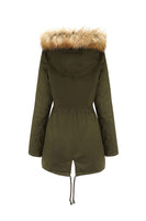 Laden Sie das Bild in den Galerie-Viewer, Armeegrüner Pelzkragen Kordelzug in der Taille verdickter mittlerer Mantel