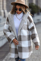 Laden Sie das Bild in den Galerie-Viewer, Grau karierter Fleece Kapuzenmantel