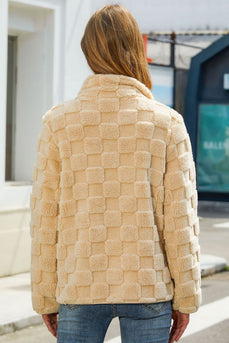 Khaki Fleece Mantel mit Stehkragen und Reißverschluss