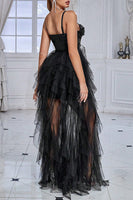 Laden Sie das Bild in den Galerie-Viewer, Schwarzes Glitzer korsett Spaghettiträger Langes Partykleid mit Rüschen