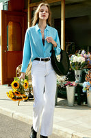 Laden Sie das Bild in den Galerie-Viewer, Blau Knopf Damen Seidenbluse