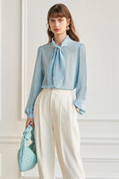 Laden Sie das Bild in den Galerie-Viewer, Himmelblaue Seide Damen Bluse mit Bowknot