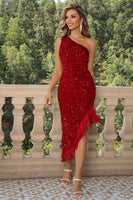 Laden Sie das Bild in den Galerie-Viewer, Schwarzes Eine Schulter Pailletten Abiballkleid mit Quasten