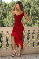 Laden Sie das Bild in den Galerie-Viewer, Schwarzes Eine Schulter Pailletten Abiballkleid mit Quasten