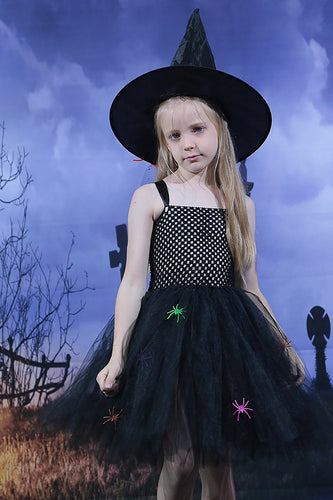 Schwarzes Tüll A-Linie Halloween Mädchen Kleid Set