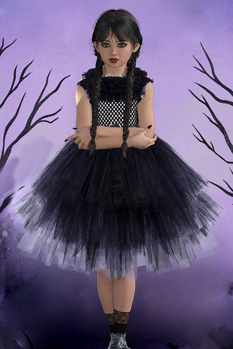 Schwarzes gestuftes Tüll Rüschen Halloween Mädchenkleid