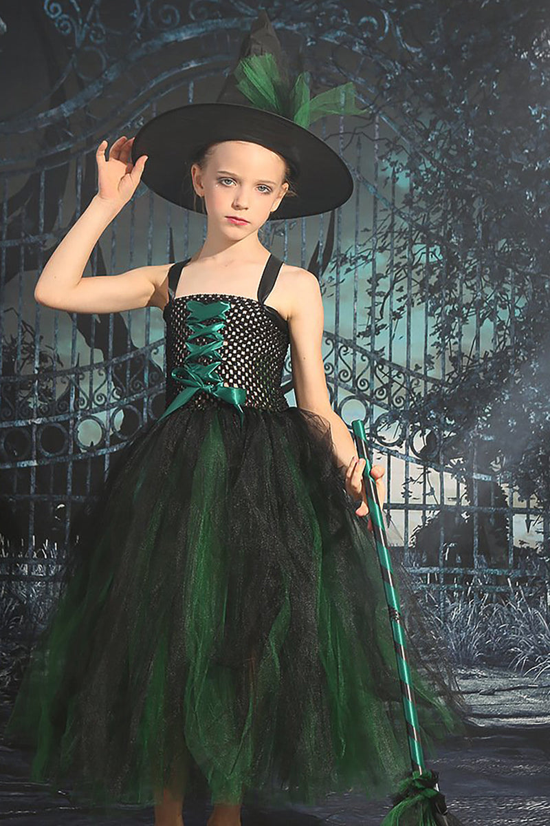 Laden Sie das Bild in den Galerie-Viewer, Dunkelgrünes Halloween Mädchenkleid aus Tüll mit Schnürung