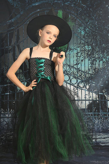 Dunkelgrünes Halloween Mädchenkleid aus Tüll mit Schnürung