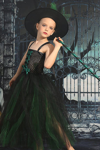Dunkelgrünes Halloween Mädchenkleid aus Tüll mit Schnürung