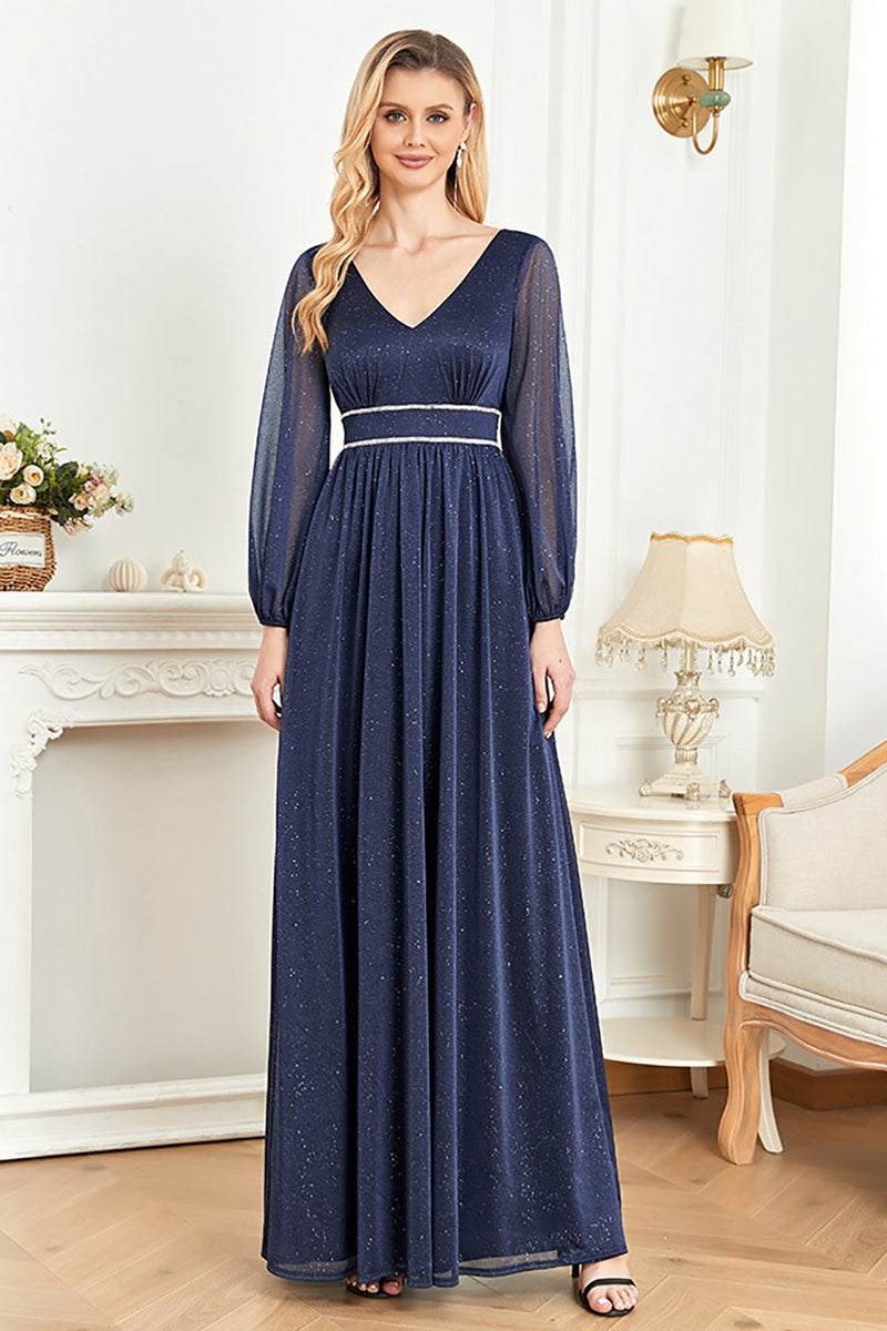 Laden Sie das Bild in den Galerie-Viewer, Elegantes marineblaues Kleid der Brautmutter mit langen Ärmeln