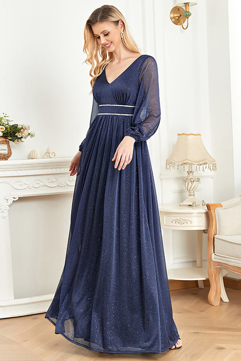 Laden Sie das Bild in den Galerie-Viewer, Elegantes marineblaues Kleid der Brautmutter mit langen Ärmeln