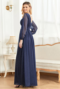 Elegantes marineblaues Kleid der Brautmutter mit langen Ärmeln
