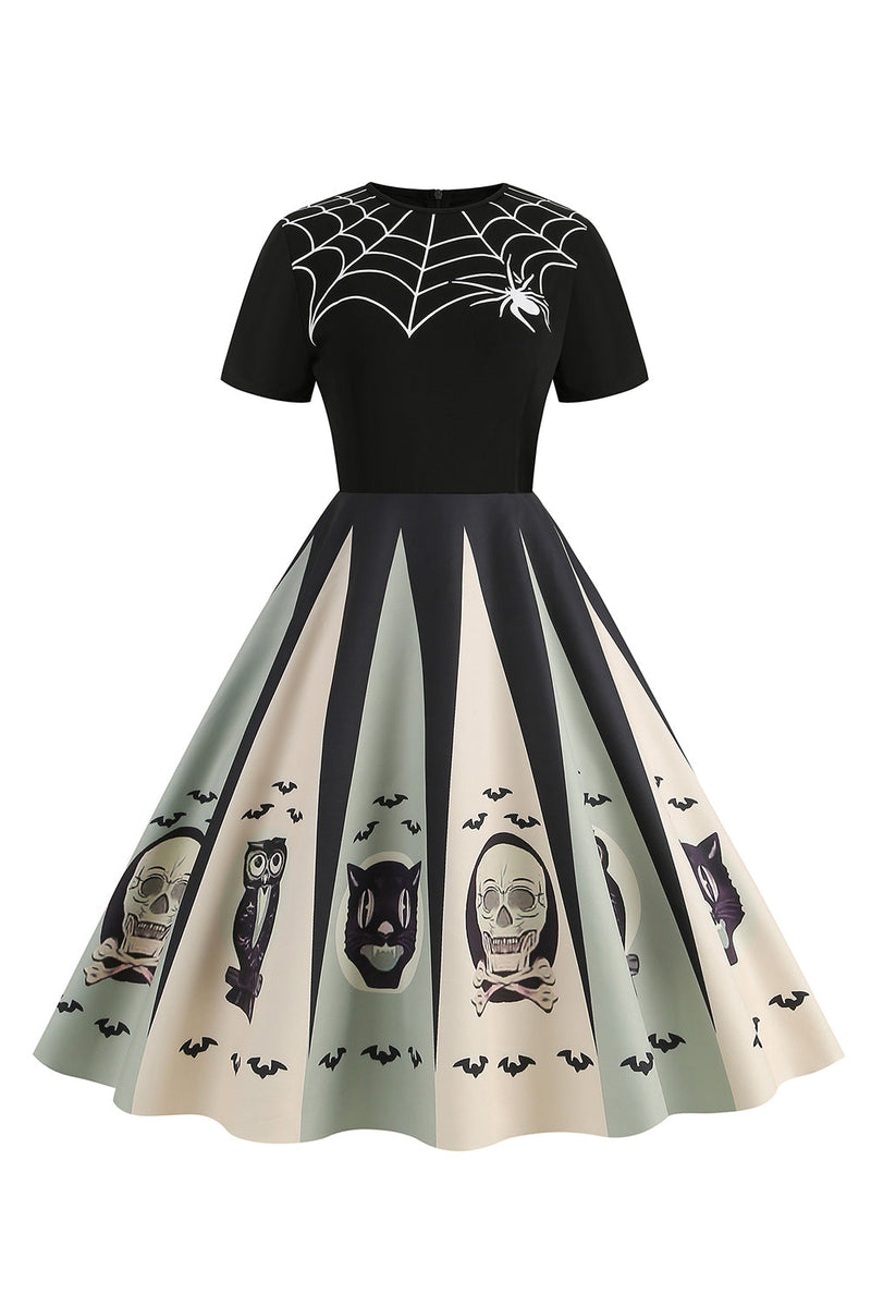 Laden Sie das Bild in den Galerie-Viewer, Halloween-A-Linie Kleid mit Rundhalsausschnitt und kurzen Ärmeln