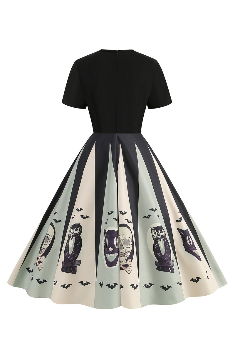 Laden Sie das Bild in den Galerie-Viewer, Halloween-A-Linie Kleid mit Rundhalsausschnitt und kurzen Ärmeln