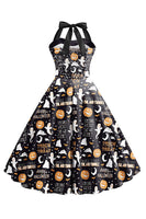 Laden Sie das Bild in den Galerie-Viewer, Halloween Muster Schwarzes Neckholder Vintage Kleid
