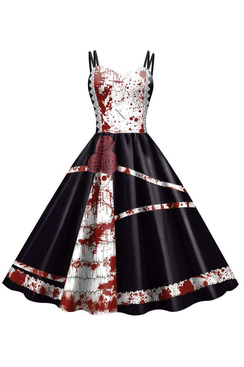 Laden Sie das Bild in den Galerie-Viewer, A-Linie Schwarzes Halloween Spaghettiträger Vintage Kleid