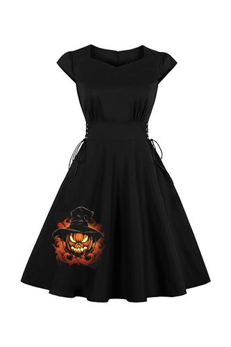 Schwarzes Halloween A-Linie Vintage Kleid mit Zauberermuster