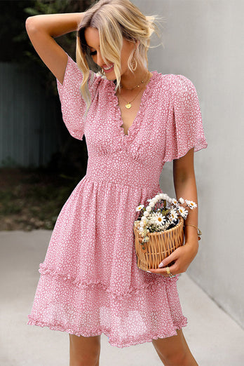 V-Ausschnitt rosa bedrucktes Sommerkleid mit kurzen Ärmeln