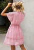 Laden Sie das Bild in den Galerie-Viewer, V-Ausschnitt rosa bedrucktes Sommerkleid mit kurzen Ärmeln