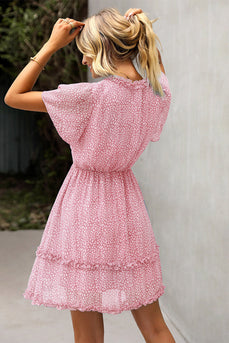 V-Ausschnitt rosa bedrucktes Sommerkleid mit kurzen Ärmeln