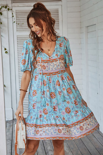 V-Ausschnitt Bohemian Style Bedrucktes blaues Sommerkleid