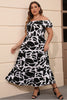 Laden Sie das Bild in den Galerie-Viewer, Übergröße Schwarzes Gedruckt Schulterfreies Boho Maxi Kleid