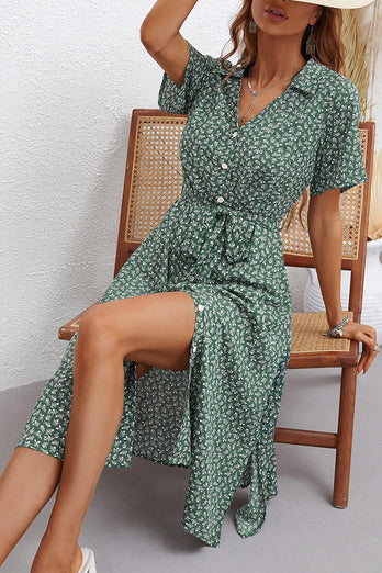 Grün bedruckte V-Ausschnitt Kurzärmel Sommerkleid