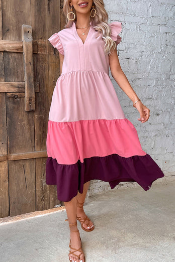 V-Ausschnitt Farbverlauf Rosa Sommerkleid mit Schmetterlingsärmeln
