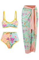 Laden Sie das Bild in den Galerie-Viewer, Blumenbedrucktes 3-teiliges Bikini-Set mit Strandrock