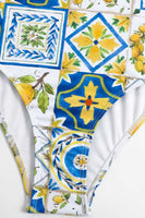 Laden Sie das Bild in den Galerie-Viewer, Blau bedruckte Bademode mit hoher Taille