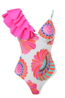 Laden Sie das Bild in den Galerie-Viewer, Blau bedruckte Bademode mit hoher Taille