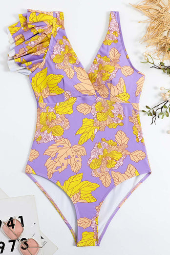 Blumen bedruckt Hohe Taille Einteiliger lila Badeanzug