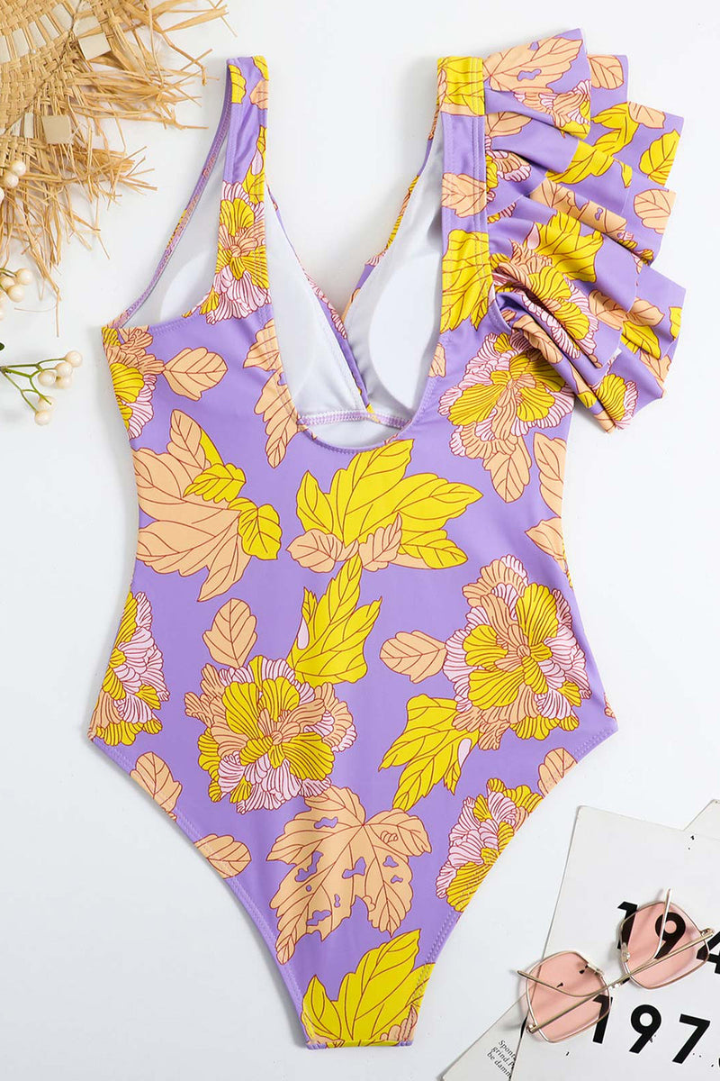 Laden Sie das Bild in den Galerie-Viewer, Blumen bedruckt Hohe Taille Einteiliger lila Badeanzug