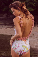 Laden Sie das Bild in den Galerie-Viewer, Blau bedruckte Bademode mit hoher Taille und Blumen