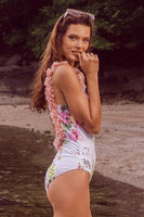 Laden Sie das Bild in den Galerie-Viewer, Blau bedruckte Bademode mit hoher Taille und Blumen