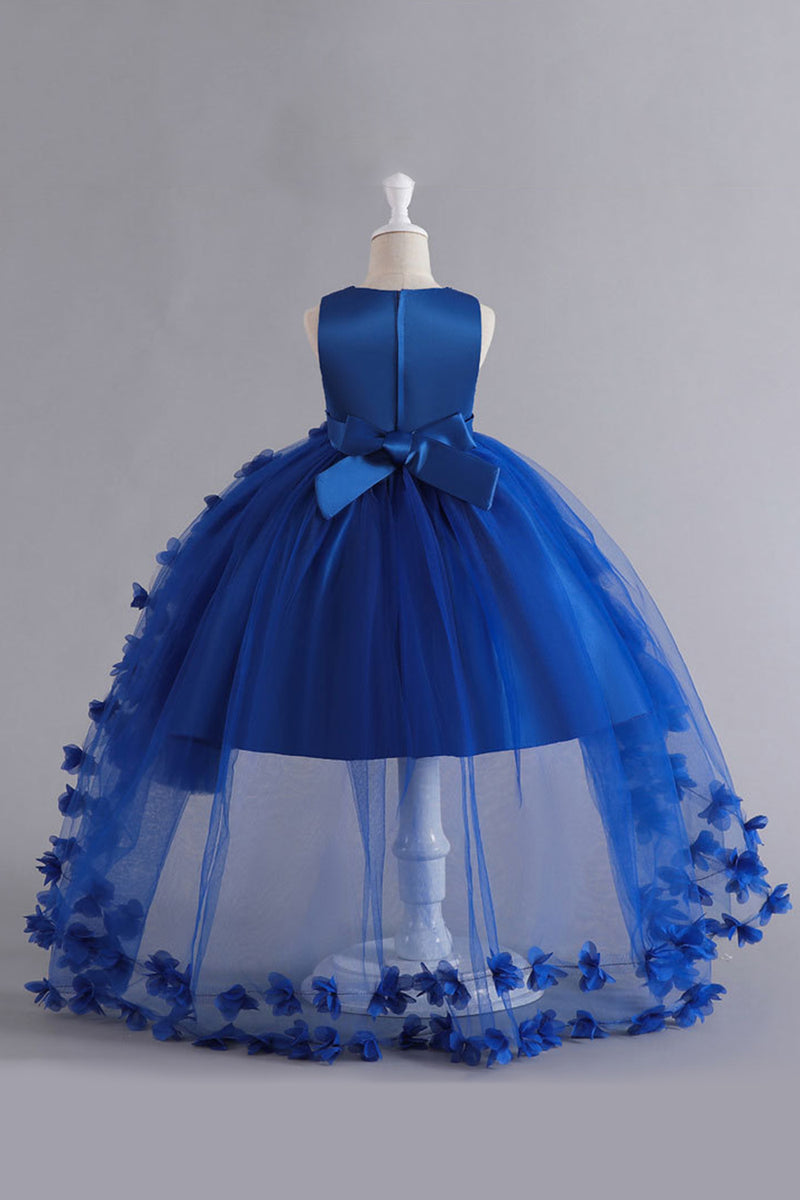 Laden Sie das Bild in den Galerie-Viewer, Blaues Hoch niedrig Mädchenkleid mit Bowknot